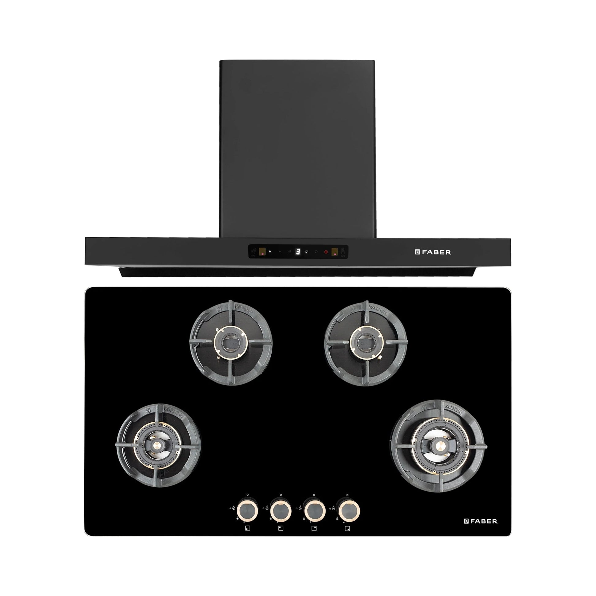 Faber 90 cm Wall Mounted Chimney Charm Series HOOD CHARM BLDC HC SC FL BK IN 90 T + Faber 90 cm 4 Burner Hob Experia Series EXPERIA HT 904 ALU AI FFD