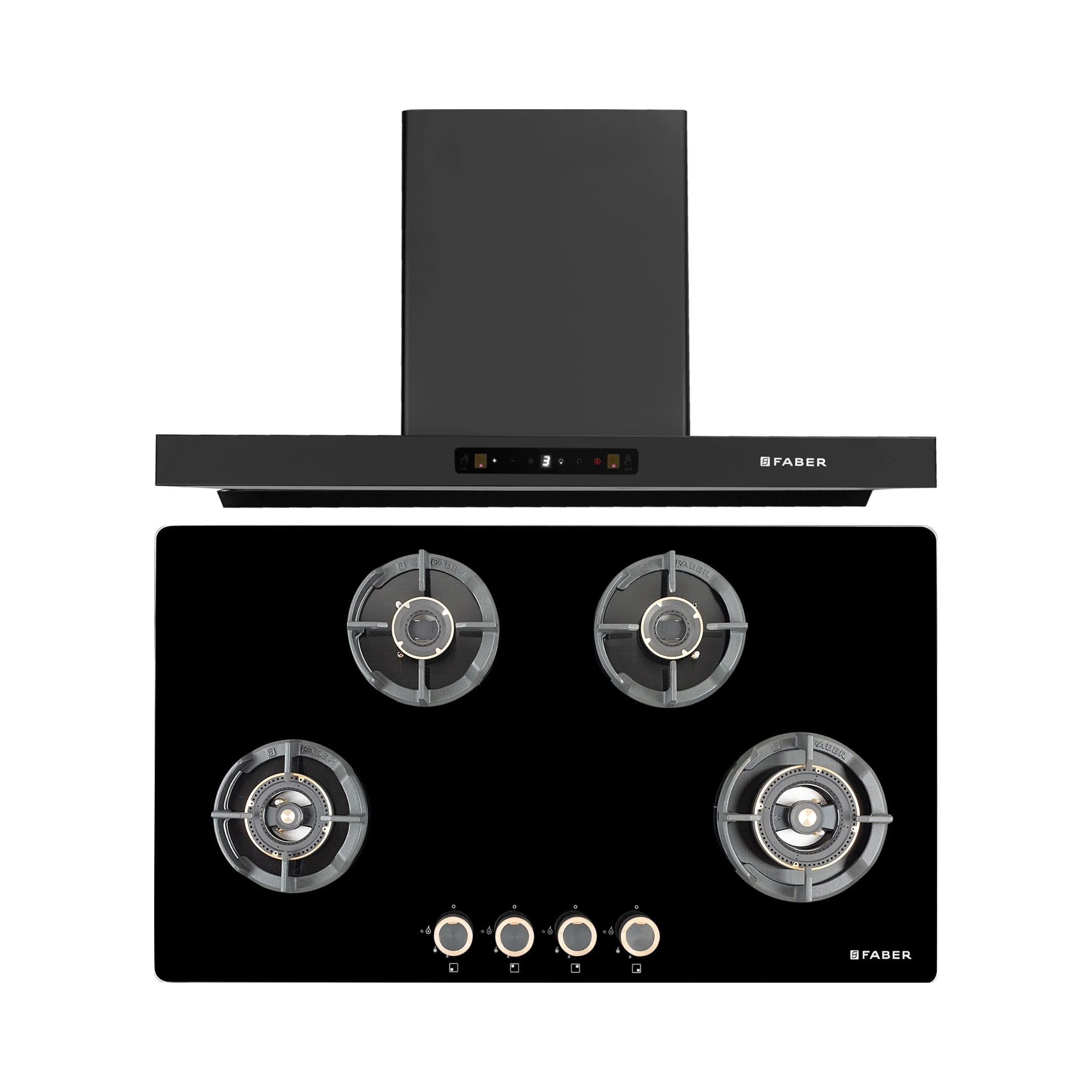 Faber 90 cm Wall Mounted Chimney Charm Series HOOD CHARM BLDC HC SC FL BK IN 90 T + Faber 90 cm 4 Burner Hob Experia Series EXPERIA HT 904 ALU AI FFD
