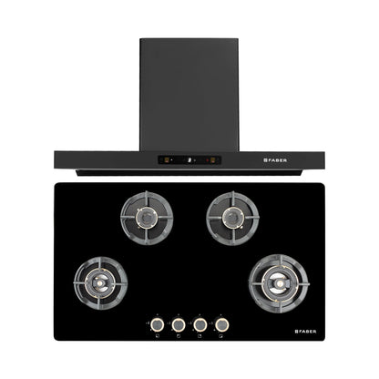 Faber 90 cm Wall Mounted Chimney Charm Series HOOD CHARM BLDC HC SC FL BK IN 90 T + Faber 90 cm 4 Burner Hob Experia Series EXPERIA HT 904 ALU AI FFD