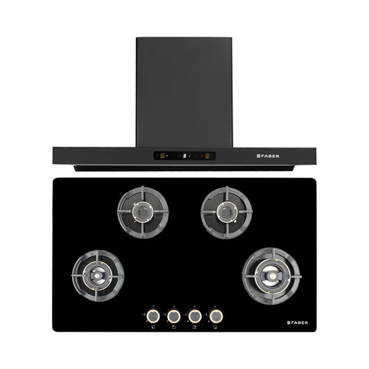 Faber 90 cm Wall Mounted Chimney Charm Series HOOD CHARM BLDC HC SC FL BK IN 90 T + Faber 90 cm 4 Burner Hob Experia Series EXPERIA HT 904 ALU AI FFD
