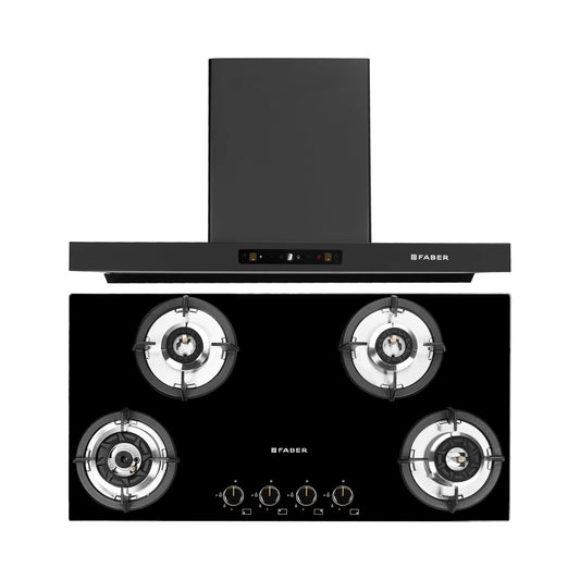 Faber 90 cm Wall Mounted Chimney Charm Series HOOD CHARM BLDC HC SC FL BK IN 90 T + Faber 90 cm 4 Burner Hob Superia Series SUPERIA HT904 BR AI