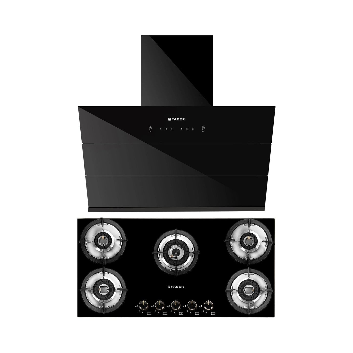 Faber 90 cm Wall Mounted Chimney Auto Clean Series HOOD ARIES FL HC SC BK IN 90 + Faber 90 cm 5 Burner Hob Superia Series SUPERIA HT905 BR AI