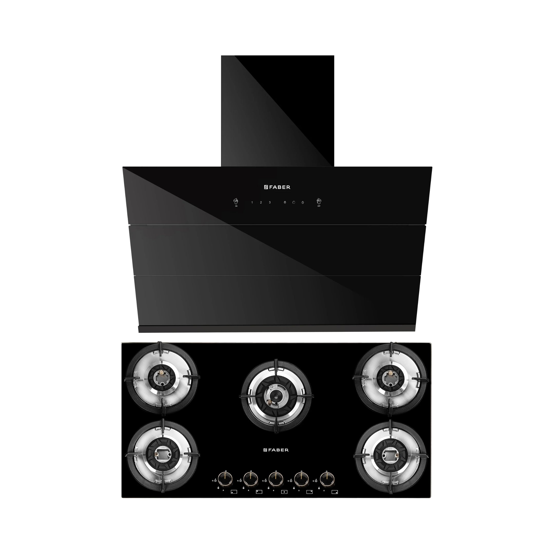 Faber 90 cm Wall Mounted Chimney Auto Clean Series HOOD ARIES FL HC SC BK IN 90 + Faber 90 cm 5 Burner Hob Superia Series SUPERIA HT905 BR AI