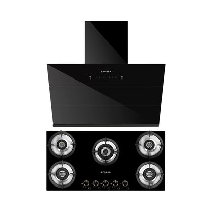 Faber 90 cm Wall Mounted Chimney Auto Clean Series HOOD ARIES FL HC SC BK IN 90 + Faber 90 cm 5 Burner Hob Superia Series SUPERIA HT905 BR AI
