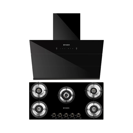 Faber 90 cm Wall Mounted Chimney Auto Clean Series HOOD ARIES FL HC SC BK IN 90 + Faber 90 cm 5 Burner Hob Superia Series SUPERIA HT905 BR AI