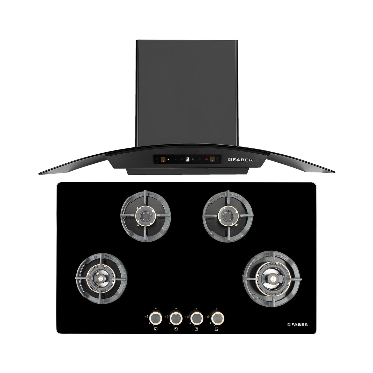 Faber 90 cm Wall Mounted Chimney Zeal Series HOOD ZEAL BLDC HC SC FL BK IN 90 C + Faber 90 cm 4 Burner Hob Experia Series EXPERIA HT 904 ALU AI FFD