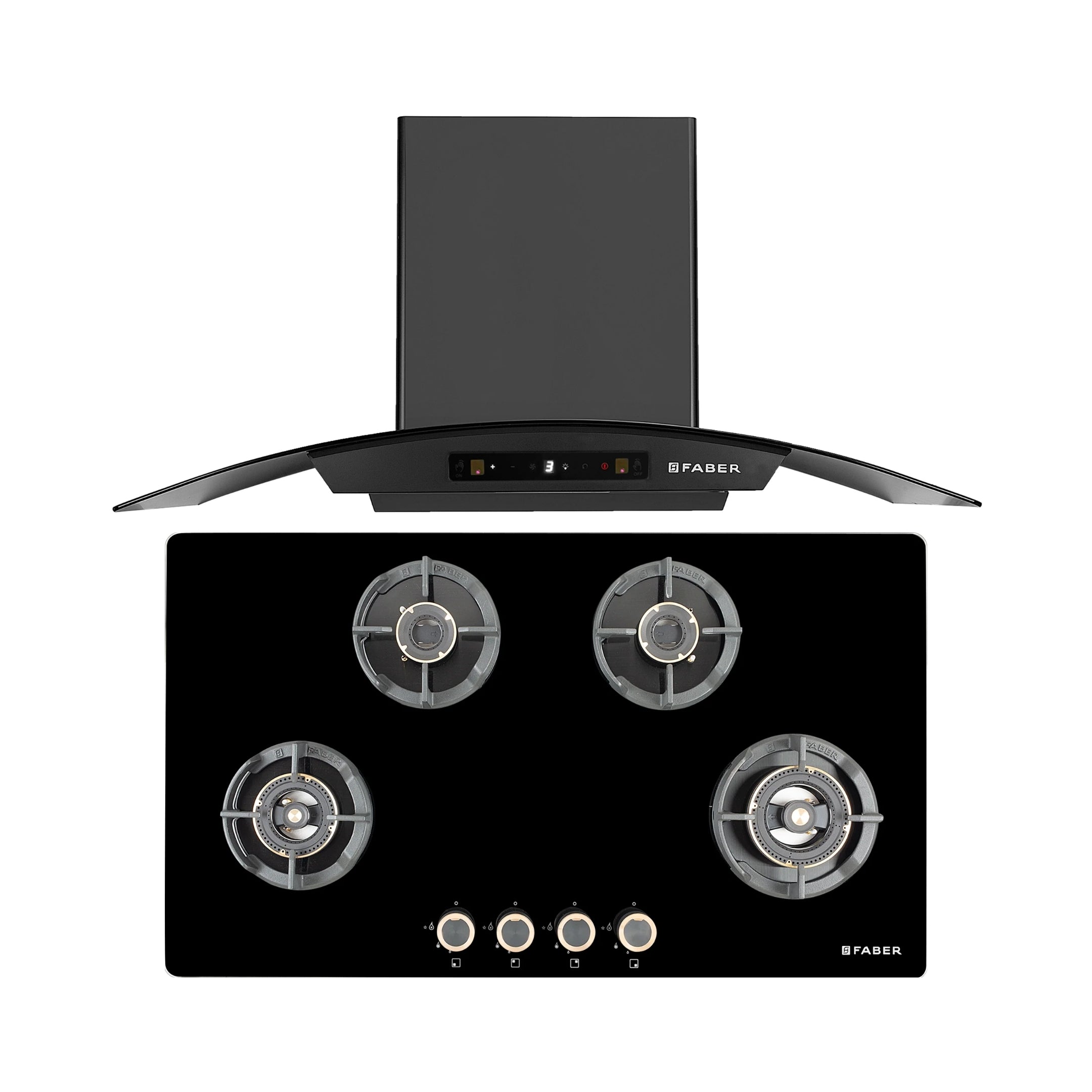 Faber 90 cm Wall Mounted Chimney Zeal Series HOOD ZEAL BLDC HC SC FL BK IN 90 C + Faber 90 cm 4 Burner Hob Experia Series EXPERIA HT 904 ALU AI FFD