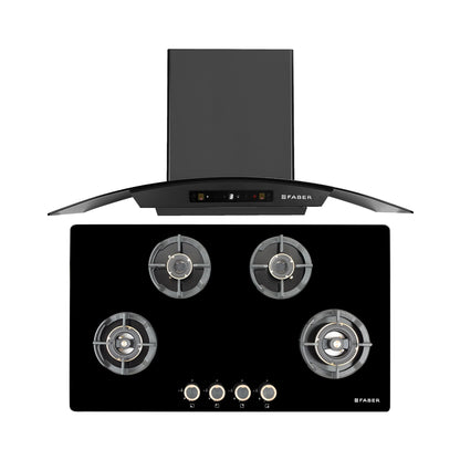 Faber 90 cm Wall Mounted Chimney Zeal Series HOOD ZEAL BLDC HC SC FL BK IN 90 C + Faber 90 cm 4 Burner Hob Experia Series EXPERIA HT 904 ALU AI FFD