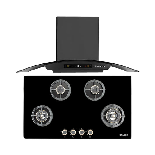 Faber 90 cm Wall Mounted Chimney Zeal Series HOOD ZEAL BLDC HC SC FL BK IN 90 C + Faber 90 cm 4 Burner Hob Experia Series EXPERIA HT 904 ALU AI FFD
