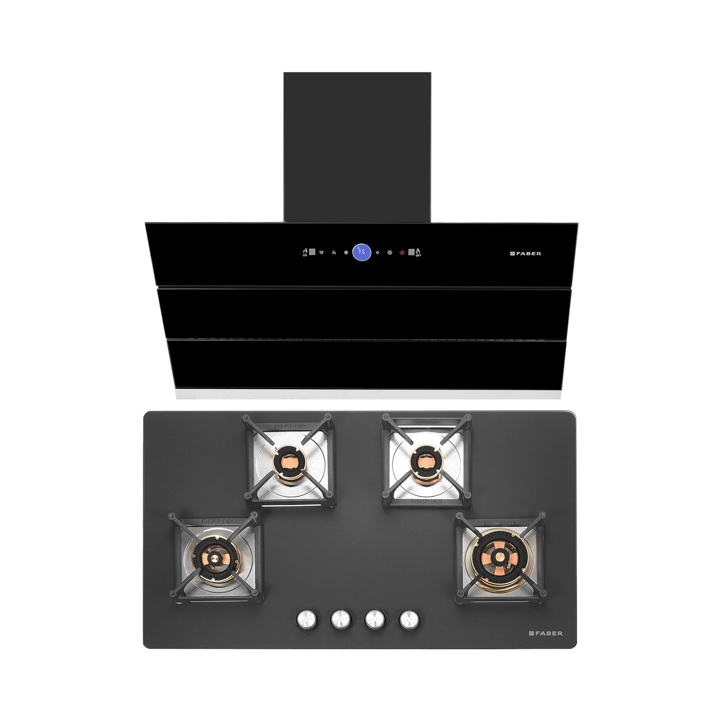 Faber 90 cm Wall Mounted Chimney Gen-I Series COMET BLDC FL HC BK 90 + Faber 90 cm 4 Burner Hob Bella Series BELLA HT 904 BR AI FFD
