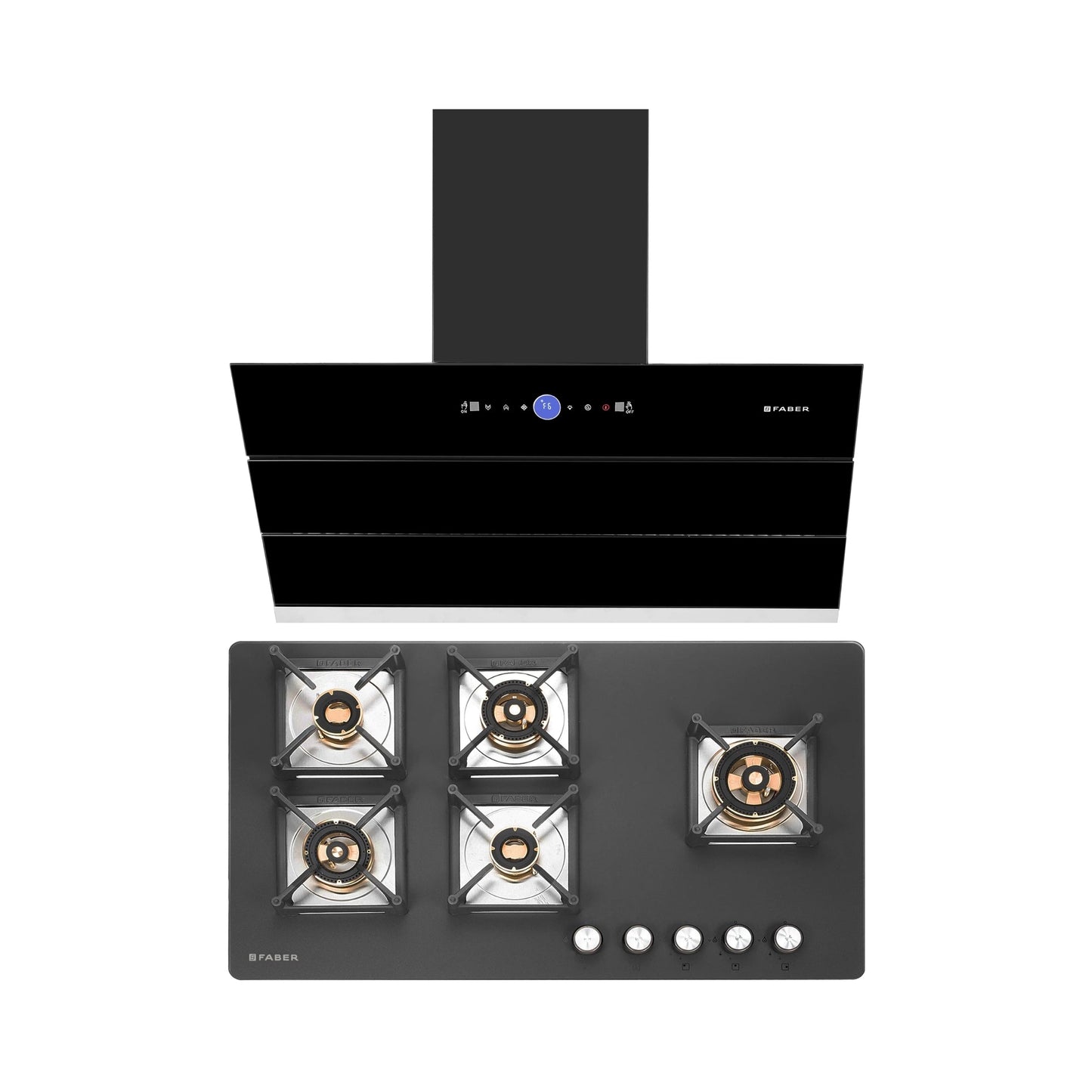 Faber 90 cm Wall Mounted Chimney Gen-I Series COMET BLDC FL HC BK 90 + Faber 90 cm 5 Burner Hob Bella Series BELLA HT 905 BR AI FFD