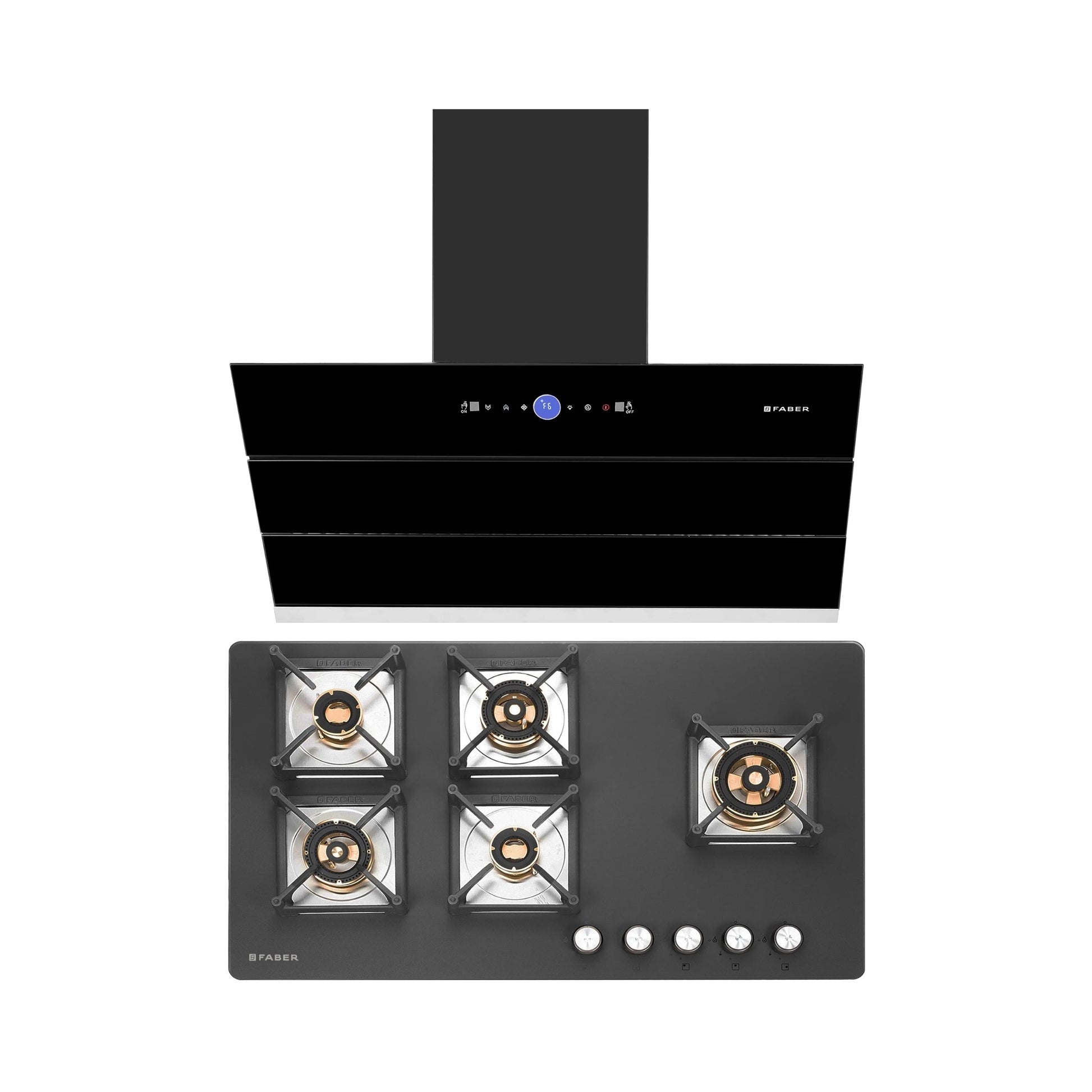 Faber 90 cm Wall Mounted Chimney Gen-I Series COMET BLDC FL HC BK 90 + Faber 90 cm 5 Burner Hob Bella Series BELLA HT 905 BR AI FFD