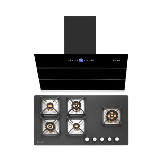 Faber 90 cm Wall Mounted Chimney Gen-I Series COMET BLDC FL HC BK 90 + Faber 90 cm 5 Burner Hob Bella Series BELLA HT 905 BR AI FFD