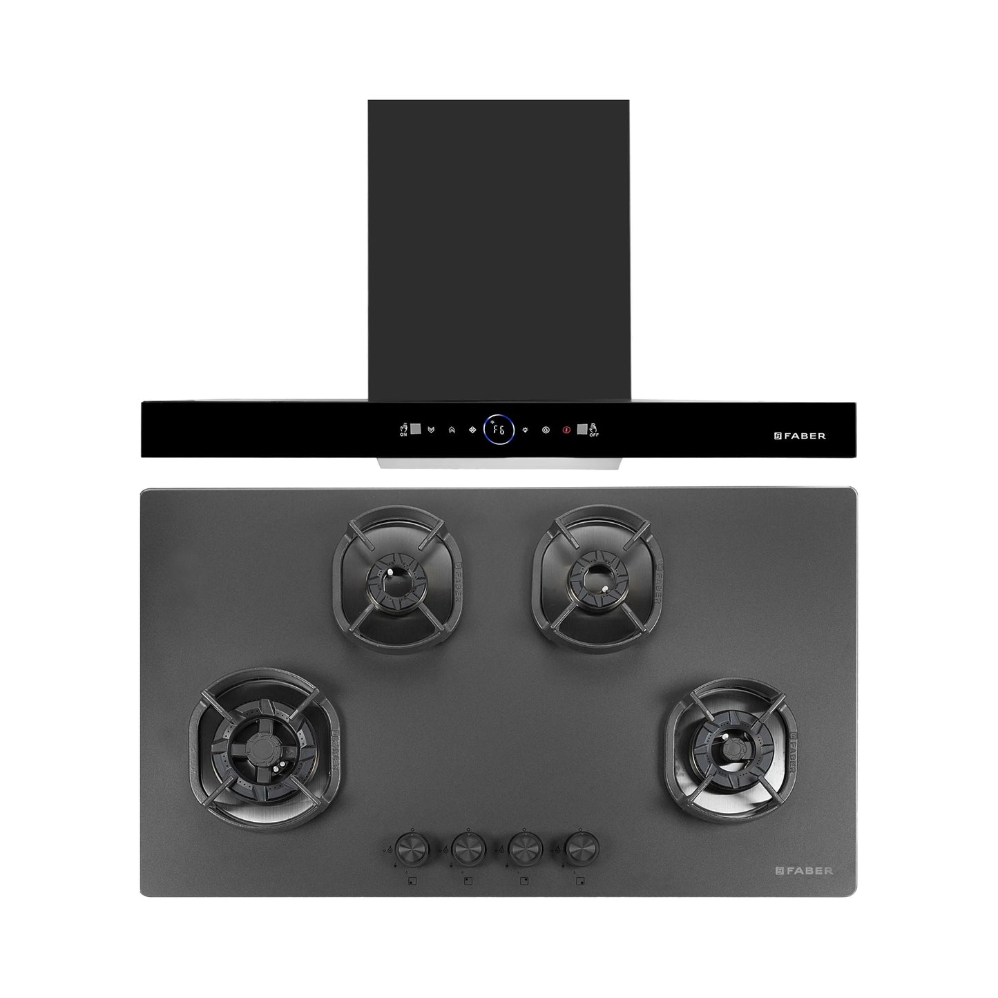Faber 90 cm Wall Mounted Chimney Gen-I Series DAZZLE BLDC FL HC BK 90 + Faber 90 cm 4 Burner Hob Della Series DELLA HD 904 CI AI