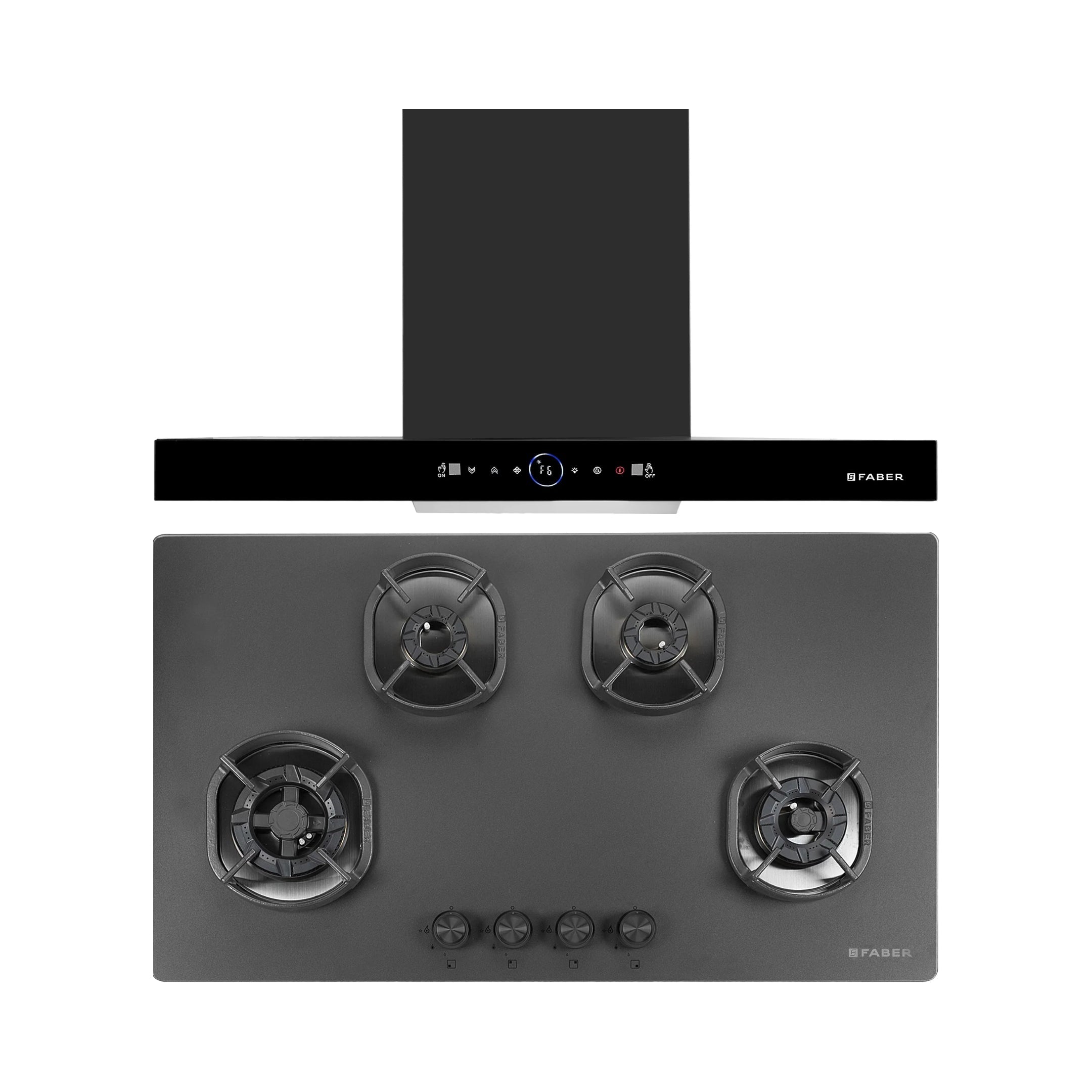 Faber 90 cm Wall Mounted Chimney Gen-I Series DAZZLE BLDC FL HC BK 90 + Faber 90 cm 4 Burner Hob Della Series DELLA HD 904 CI AI