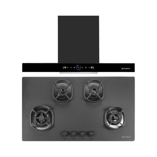 Faber 90 cm Wall Mounted Chimney Gen-I Series DAZZLE BLDC FL HC BK 90 + Faber 90 cm 4 Burner Hob Della Series DELLA HD 904 CI AI