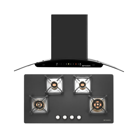 Faber 90 cm Wall Mounted Chimney Gen-I Series MYSTIC BLDC FL HC BK 90 + Faber 90 cm 4 Burner Hob Bella Series BELLA HT 904 BR AI FFD