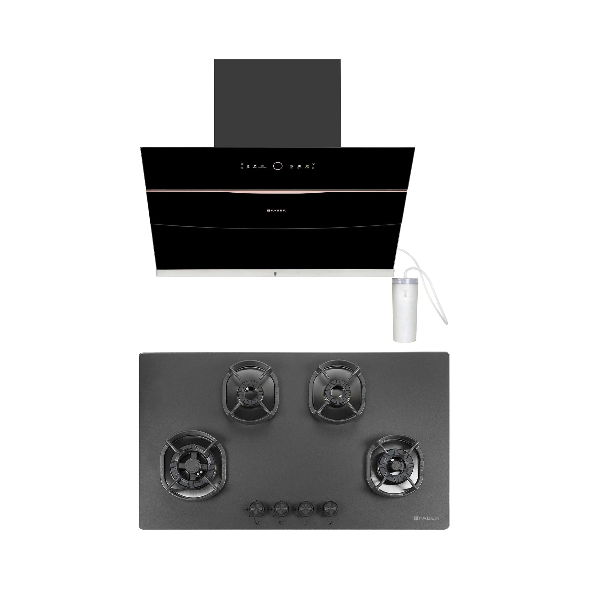 Faber 90 cm Wall Mounted Chimney Auto Clean Hoods Series BOLT FL SW SC BK 90 N + Faber 90 cm 4 Burner Hob Della Series DELLA HD 904 CI AI