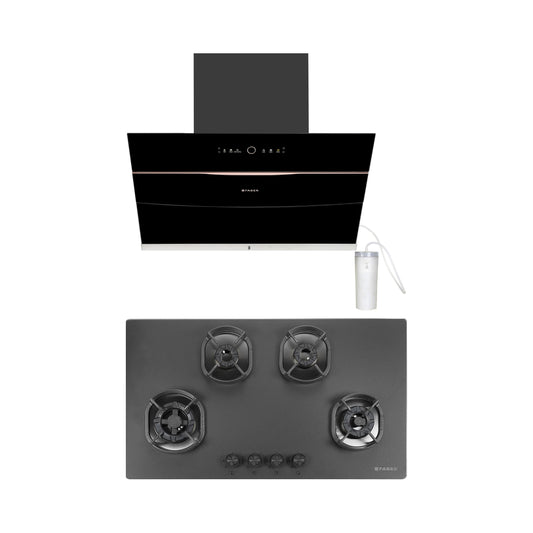 Faber 90 cm Wall Mounted Chimney Auto Clean Hoods Series BOLT FL SW SC BK 90 N + Faber 90 cm 4 Burner Hob Della Series DELLA HD 904 CI AI