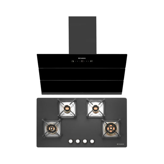 Faber 90 cm Wall Mounted Chimney Gen-S Series AETHER BLDC HC SC BK 90 + Faber 90 cm 4 Burner Hob Bella Series BELLA HT 904 BR AI FFD