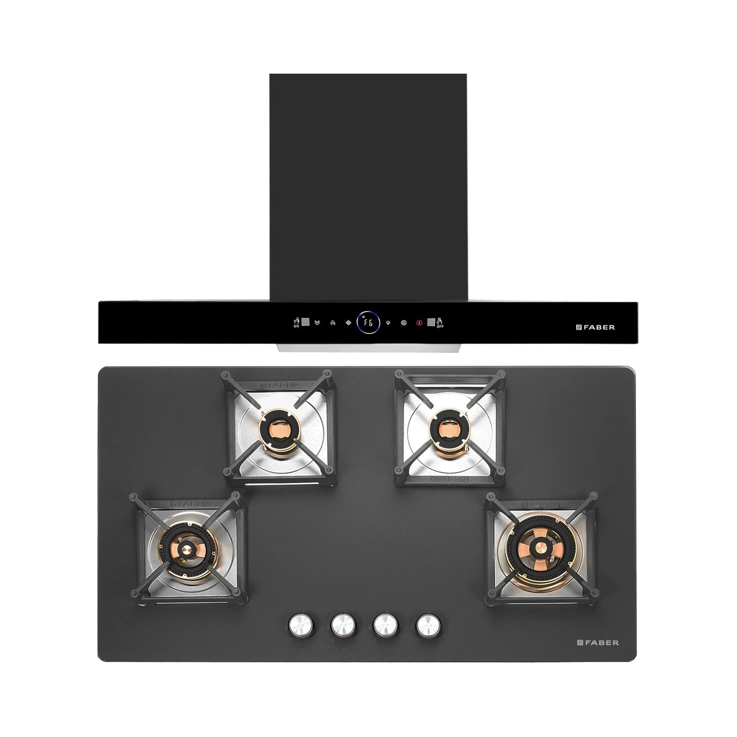 Faber 90 cm Wall Mounted Chimney Gen-I Series DAZZLE BLDC FL HC BK 90 + Faber 90 cm 4 Burner Hob Bella Series BELLA HT 904 BR AI FFD