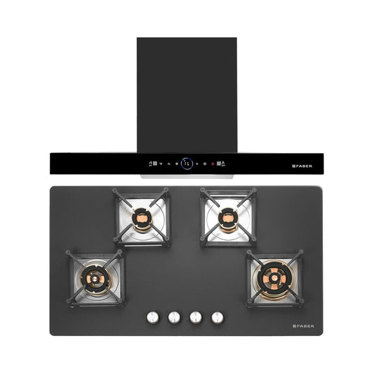 Faber 90 cm Wall Mounted Chimney Gen-I Series DAZZLE BLDC FL HC BK 90 + Faber 90 cm 4 Burner Hob Bella Series BELLA HT 904 BR AI FFD