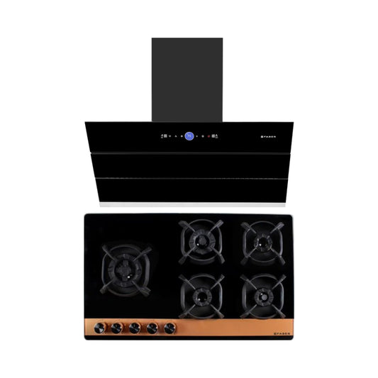 Faber 90 cm Wall Mounted Chimney Gen-I Series COMET BLDC FL HC BK 90 + Faber 90 cm 5 Burner Hob Utopia Series UTOPIA HT 905 BR CI