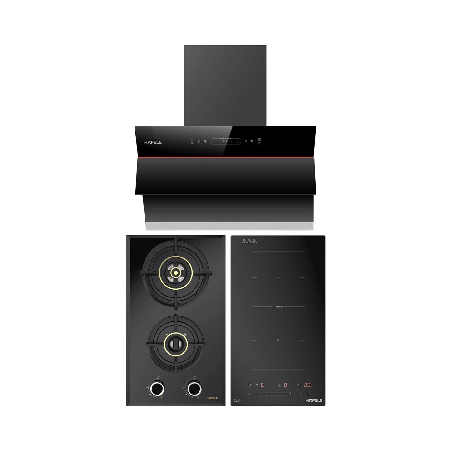 Hafele 60 cm Wall Mounted Chimney Essentia Series RENATA INCLINED 60 + Hafele 30 cm 2 Burner Hob Altius Series ALTIUS FS 230 + Hafele 2 Zones Induction Hob NERO 30