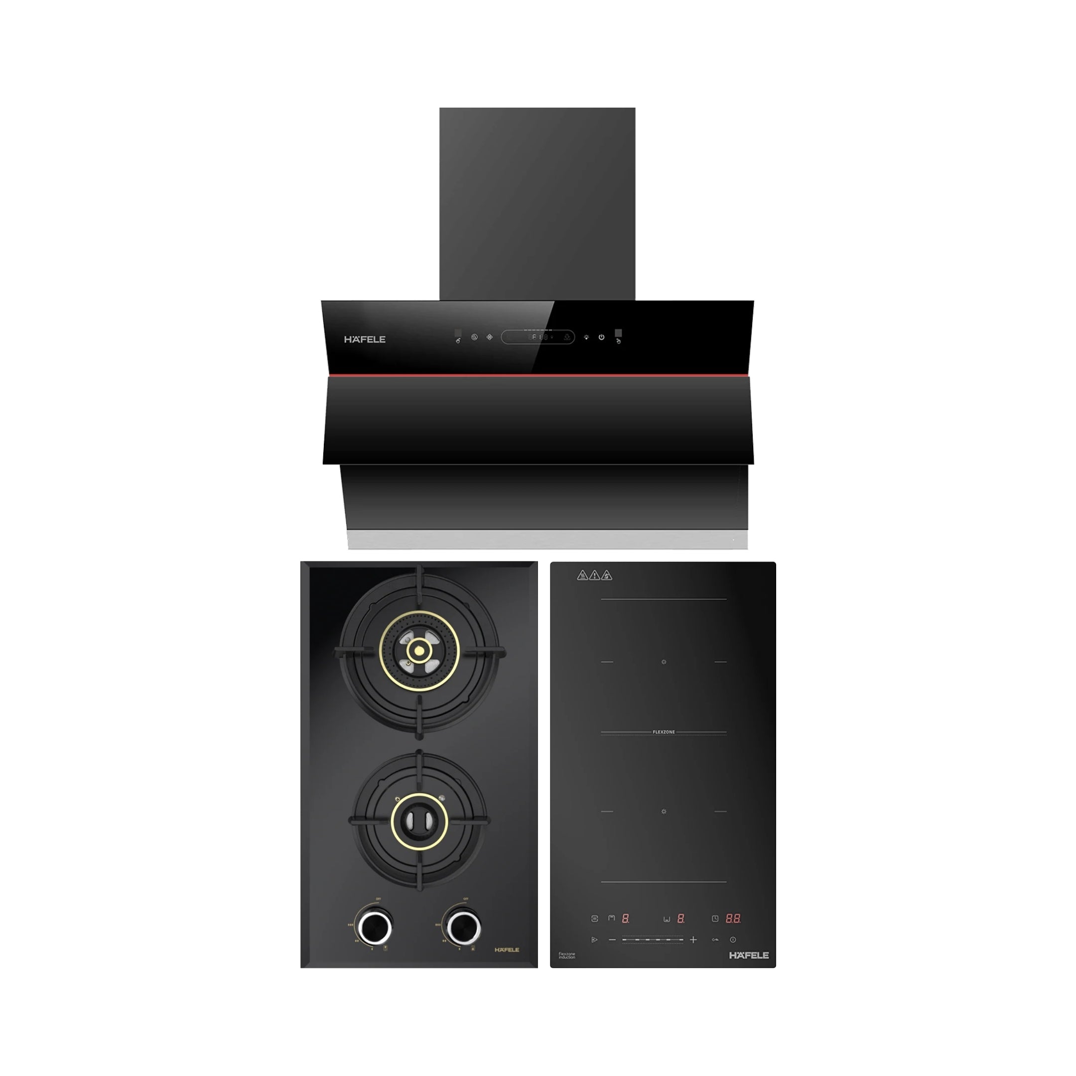 Hafele 60 cm Wall Mounted Chimney Essentia Series RENATA INCLINED 60 + Hafele 30 cm 2 Burner Hob Altius Series ALTIUS FS 230 + Hafele 2 Zones Induction Hob NERO 30