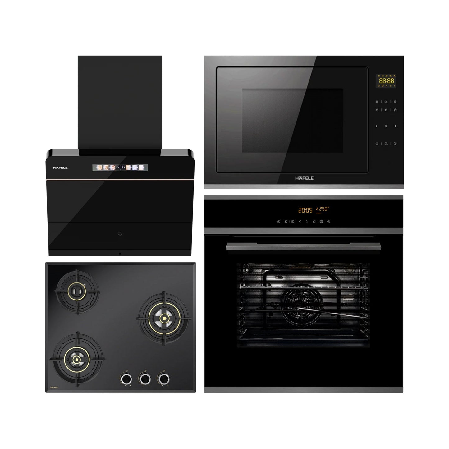 Hafele Built In Oven J70 BIO PLUS + Hafele Built-In Convection Microwave J34 MWO PLUS + Hafele 60 cm Wall Mounted Chimney TERESA NEO I-60 BLDC + Hafele 60 cm 3 Burner Hob Altius Series ALTIUS FS 360