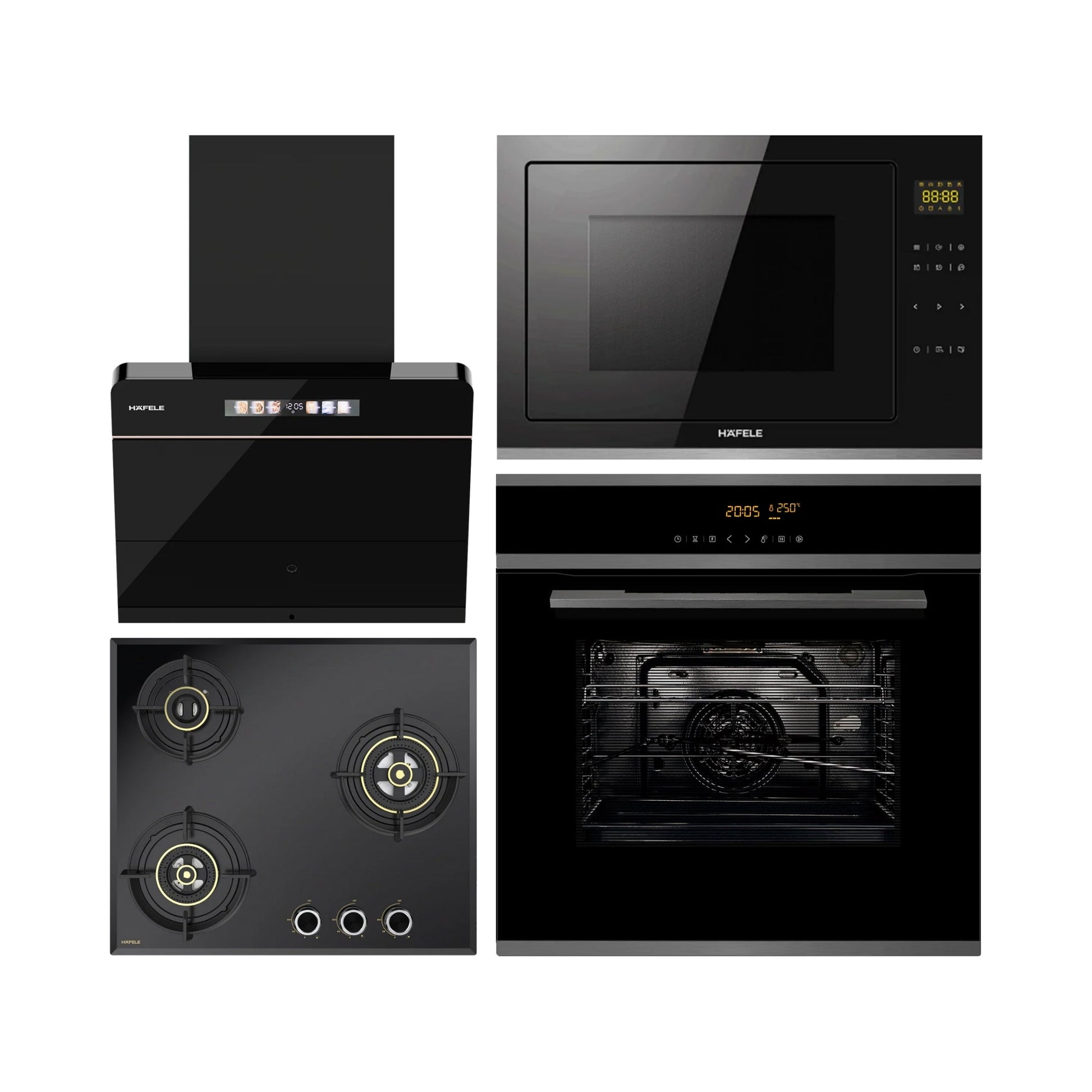 Hafele Built In Oven J70 BIO PLUS + Hafele Built-In Convection Microwave J34 MWO PLUS + Hafele 60 cm Wall Mounted Chimney TERESA NEO I-60 BLDC + Hafele 60 cm 3 Burner Hob Altius Series ALTIUS FS 360