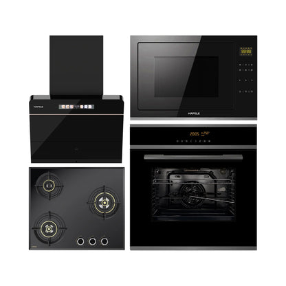 Hafele Built In Oven J70 BIO PLUS + Hafele Built-In Convection Microwave J34 MWO PLUS + Hafele 60 cm Wall Mounted Chimney TERESA NEO I-60 BLDC + Hafele 60 cm 3 Burner Hob Altius Series ALTIUS FS 360