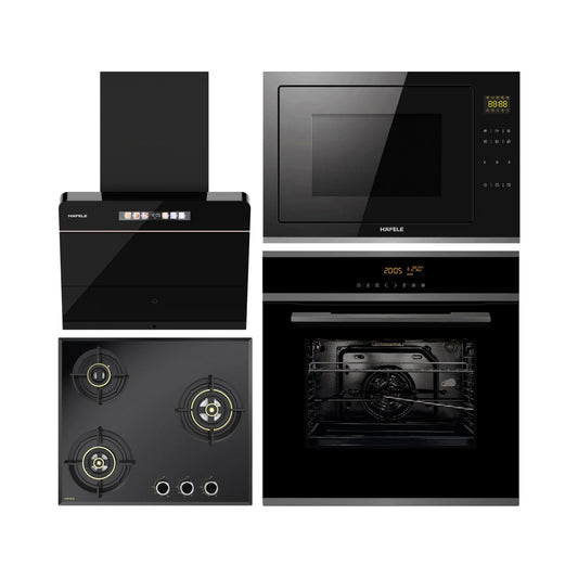 Hafele Built In Oven J70 BIO PLUS + Hafele Built-In Convection Microwave J34 MWO PLUS + Hafele 60 cm Wall Mounted Chimney TERESA NEO I-60 BLDC + Hafele 60 cm 3 Burner Hob Altius Series ALTIUS FS 360