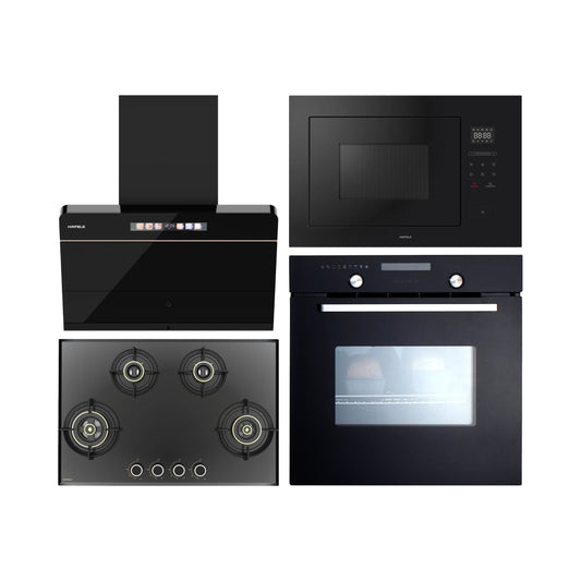 Hafele Built In Oven CELIA 70 + Hafele Built-In Microwave ENZO + Hafele 75 cm Wall Mounted Chimney TERESA NEO I-75 BLDC + Hafele 78 cm 4 Burner Hob Altius Series ALTIUS FS 480