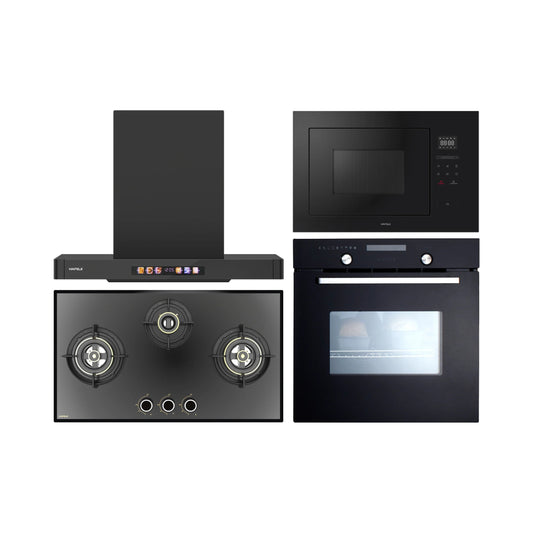 Hafele Built In Oven CELIA 70 + Hafele Built-In Microwave ENZO + Hafele 75 cm Wall Mounted Chimney TERESA T-75 BLDC + Hafele 78 cm 3 Burner Hob Altius Series ALTIUS FS 378