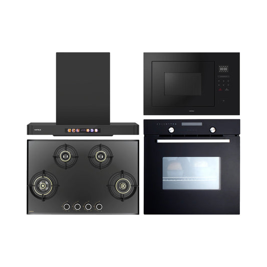 Hafele Built In Oven CELIA 70 + Hafele Built-In Microwave ENZO + Hafele 75 cm Wall Mounted Chimney TERESA T-75 BLDC + Hafele 78 cm 4 Burner Hob Altius Series ALTIUS FS 480