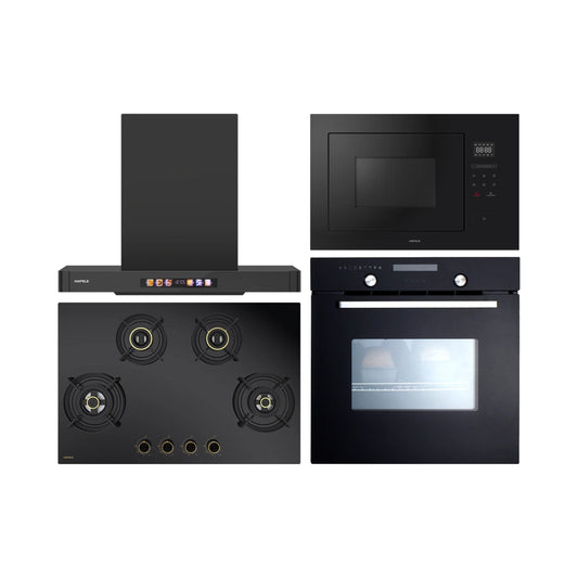Hafele Built In Oven CELIA 70 + Hafele Built-In Microwave ENZO + Hafele 75 cm Wall Mounted Chimney TERESA T-75 BLDC + Hafele 80 cm 4 Burner Hob Vesta Series VESTA 480