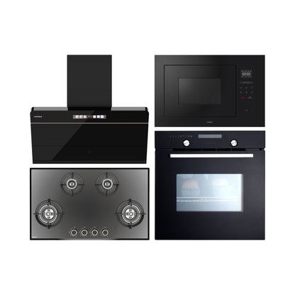 Hafele Built In Oven CELIA 70 + Hafele Built-In Microwave ENZO + Hafele 90 cm Wall Mounted Chimney TERESA NEO I-90 BLDC + Hafele 86 cm 4 Burner Hob Altius Series ALTIUS FS 490