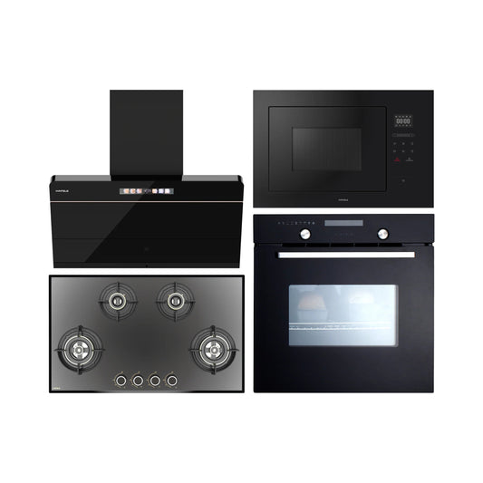 Hafele Built In Oven CELIA 70 + Hafele Built-In Microwave ENZO + Hafele 90 cm Wall Mounted Chimney TERESA NEO I-90 BLDC + Hafele 86 cm 4 Burner Hob Altius Series ALTIUS FS 490