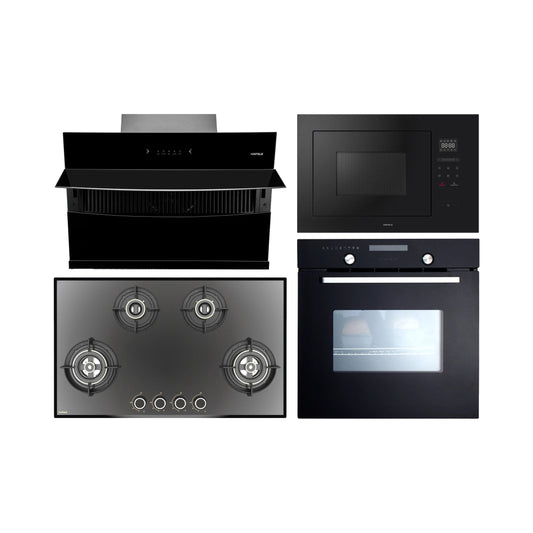 Hafele Built In Oven CELIA 70 + Hafele Built-In Microwave ENZO + Hafele 90 cm Wall Mounted Chimney RHINE 90 + Hafele 86 cm 4 Burner Hob Altius Series ALTIUS FS 490