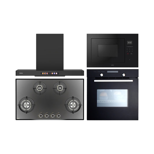 Hafele Built In Oven CELIA 70 + Hafele Built-In Microwave ENZO + Hafele 90 cm Wall Mounted Chimney TERESA T-90 BLDC + Hafele 86 cm 4 Burner Hob Altius Series ALTIUS FS 490