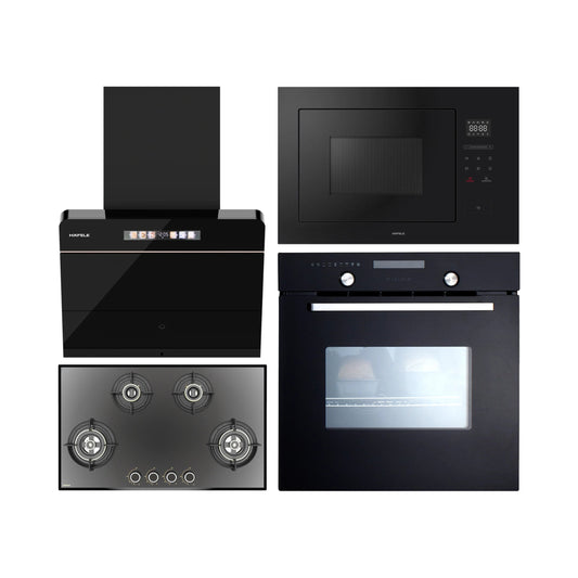 Hafele Built In Oven CELIA 70 + Hafele Built-In Microwave ENZO + Hafele 60 cm Wall Mounted Chimney TERESA NEO I-60 BLDC + Hafele 60 cm 3 Burner Hob Altius Series ALTIUS FS 360