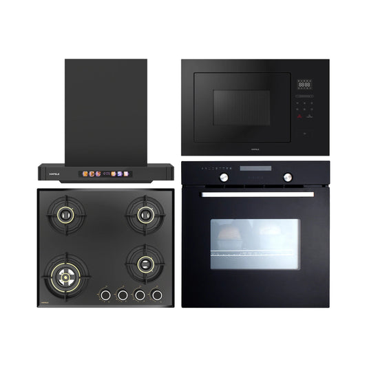 Hafele Built In Oven CELIA 70 + Hafele Built-In Microwave ENZO + Hafele 60 cm Wall Mounted Chimney TERESA T-60 BLDC + Hafele 60 cm 4 Burner Hob Altius Series ALTIUS FS 460