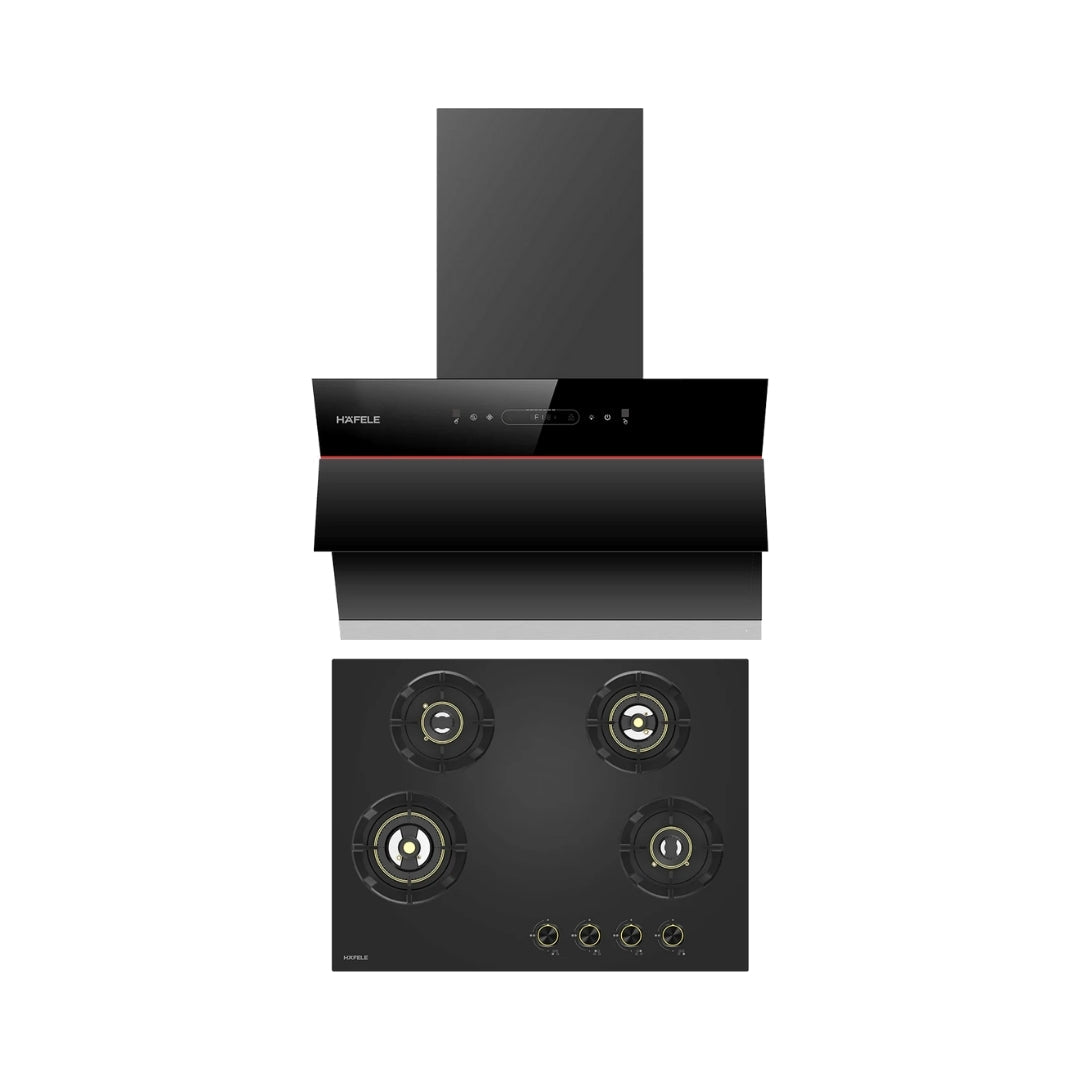 Hafele 60 cm Wall Mounted Chimney Essentia Series RENATA INCLINED 60 + Hafele 70 cm 4 Burner Hob Essentia Series VERENA 470
