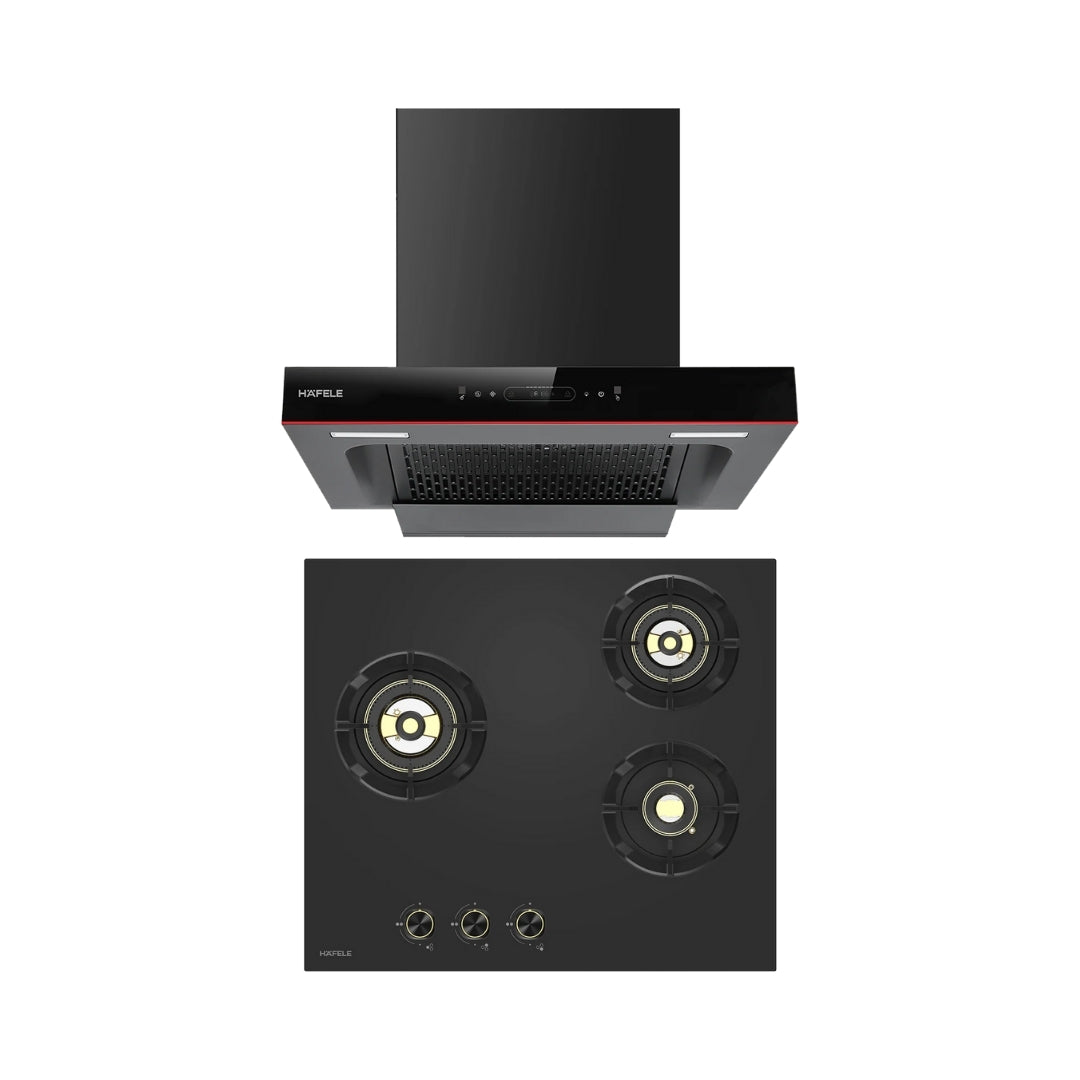 Hafele 60 cm Wall Mounted Chimney Essentia Series RENATA T-60 HOOD + Hafele 60 cm 3 Burner Hob Essentia Series AUGUSTA 360