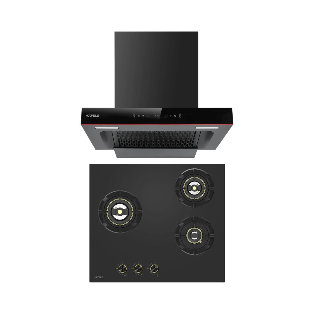 Hafele 60 cm Wall Mounted Chimney Essentia Series RENATA T-60 HOOD + Hafele 60 cm 3 Burner Hob Essentia Series VERENA 360
