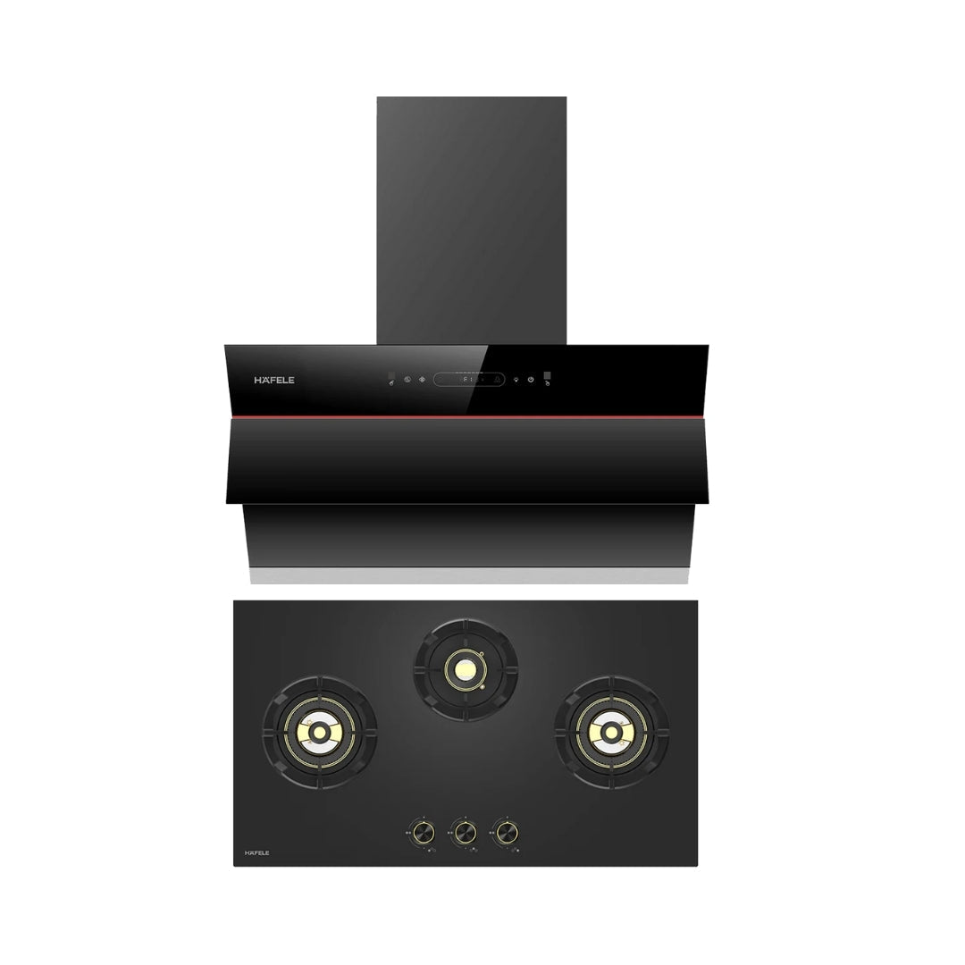 Hafele 75 cm Wall Mounted Chimney Essentia Series RENATA INCLINED 75 + Hafele 78 cm 3 Burner Hob Essentia Series AUGUSTA 378