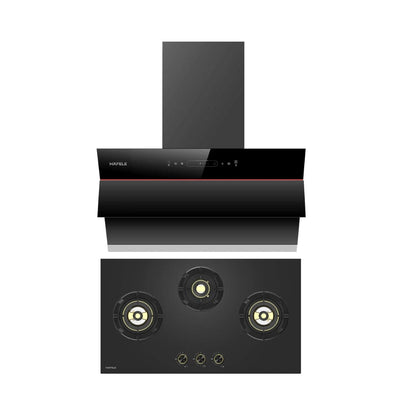 Hafele 75 cm Wall Mounted Chimney Essentia Series RENATA INCLINED 75 + Hafele 78 cm 3 Burner Hob Essentia Series AUGUSTA 378