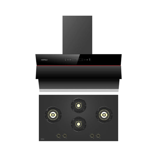 Hafele 90 cm Wall Mounted Chimney Essentia Series RENATA INCLINED 90 + Hafele 90 cm 4 Burner Hob Essentia Series AUGUSTA 490