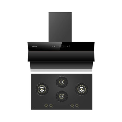 Hafele 90 cm Wall Mounted Chimney Essentia Series RENATA INCLINED 90 + Hafele 90 cm 4 Burner Hob Essentia Series VERENA 490